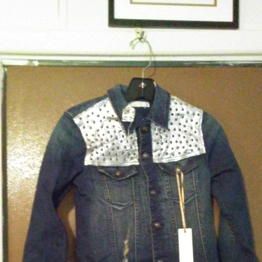 Frankie B. blue jean silver studded jacket